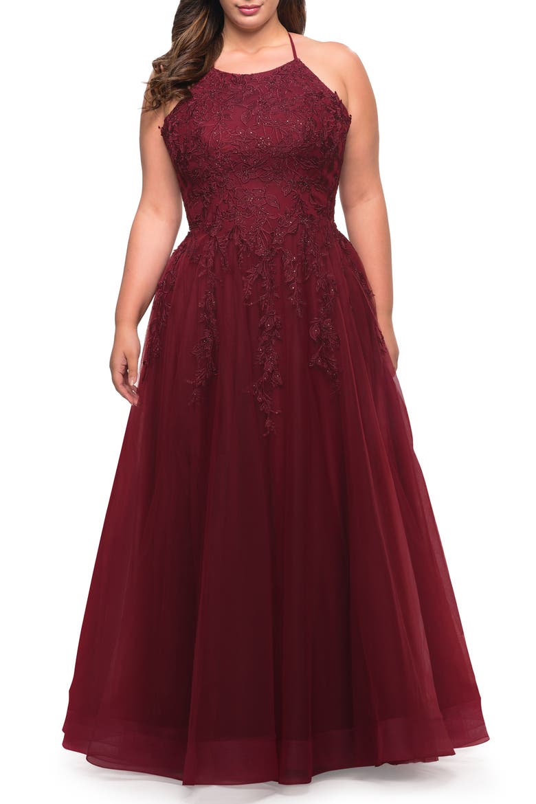 Tulle Gown with Lace Bodice and High Neckline, Main, color, Wine