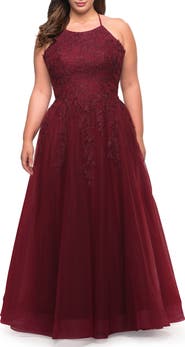 La Femme Tulle Gown with Lace Bodice and High Neckline