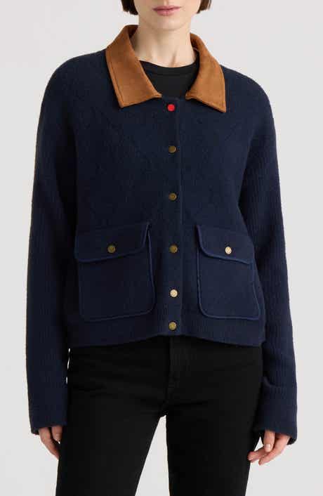 Quilted Stitch Sweater Jacket with Faux Suede Collar