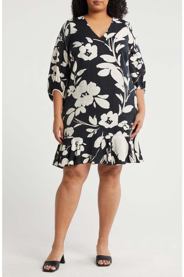 Floral Short Sleeve Flounce Hem Shift Dress, Main, color, BLACK IVORY