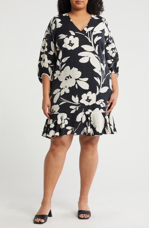 Floral Short Sleeve Flounce Hem Shift Dress (Plus)