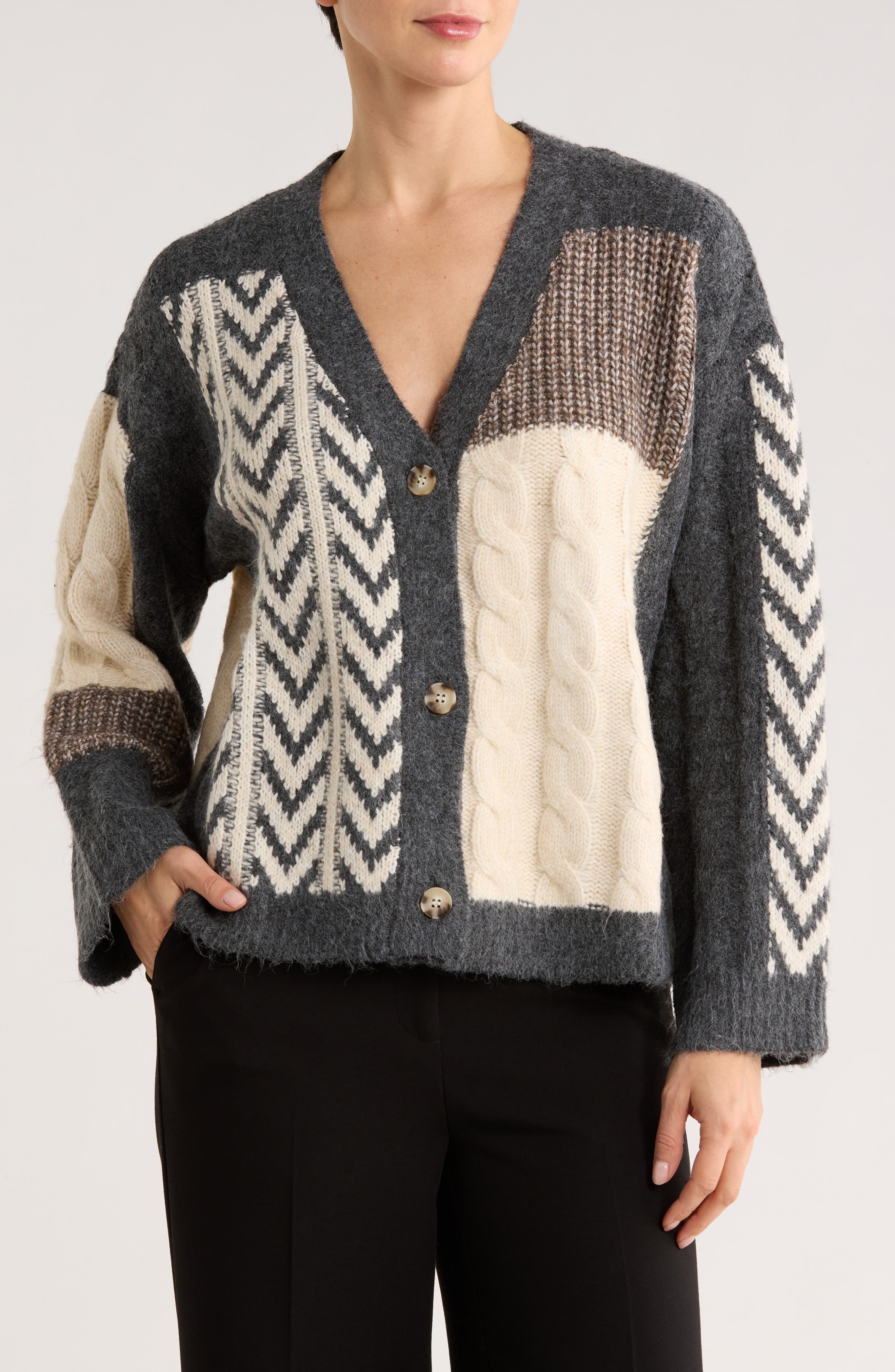 Bobeau Chevron Patchwork Cardigan