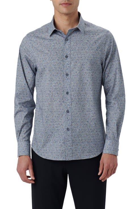 Julian Shaped Fit Cave Art Print Stretch Cotton Button-Up Shirt