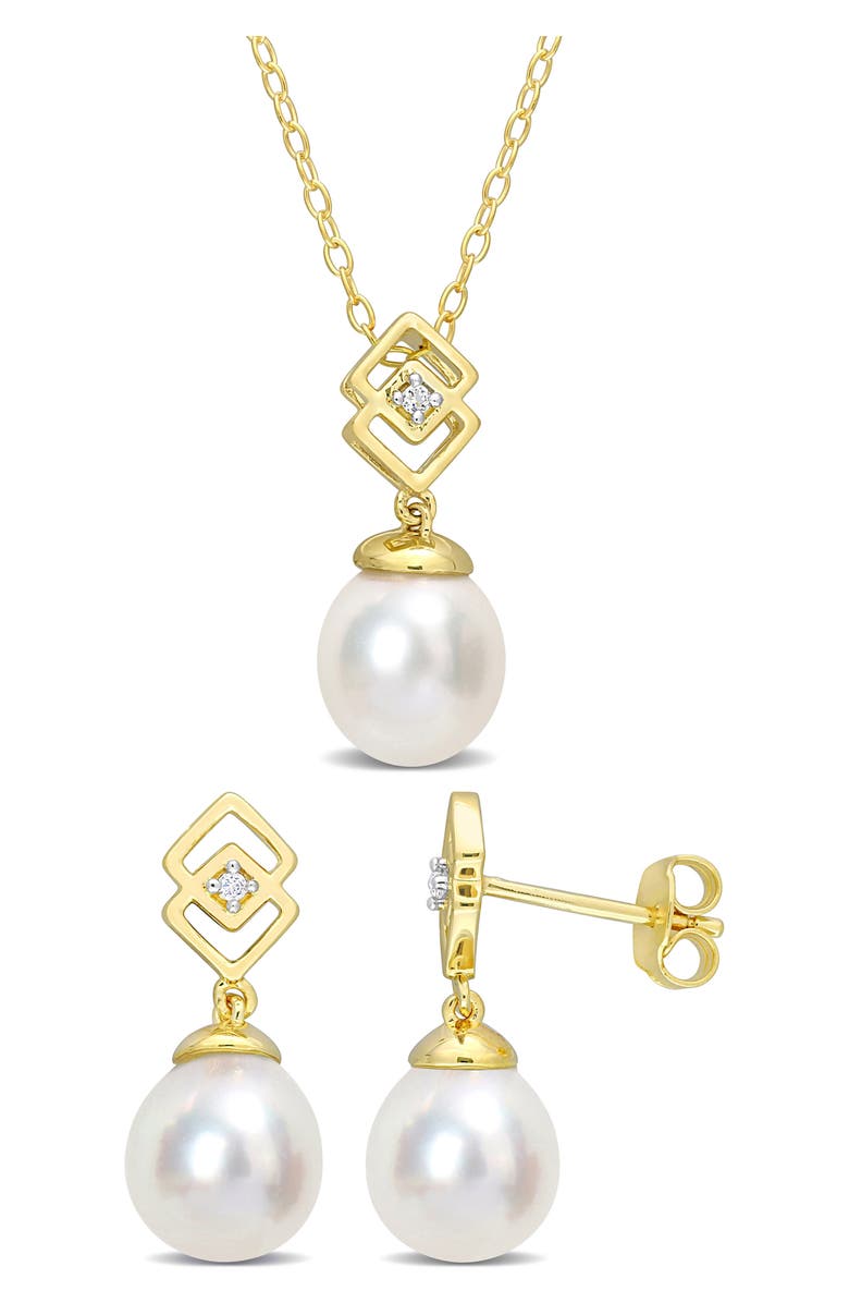DELMAR Cultured Freshwater Pearl & White Topaz Necklace & Stud Earrings Set, Main, color, White