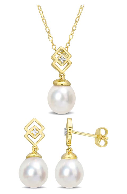 Cultured Freshwater Pearl & White Topaz Necklace & Stud Earrings Set