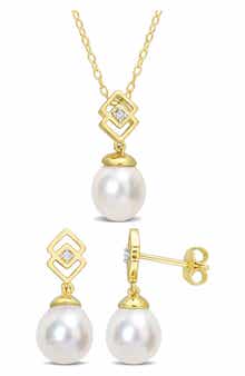 DELMAR Cultured Freshwater Pearl & White Topaz Necklace & Stud Earrings Set