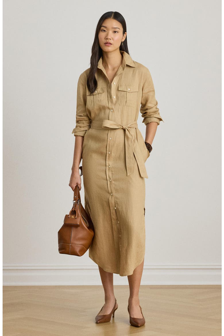 Long Sleeve Linen Shirtdress, Alternate, color, BIRCH BEIGE