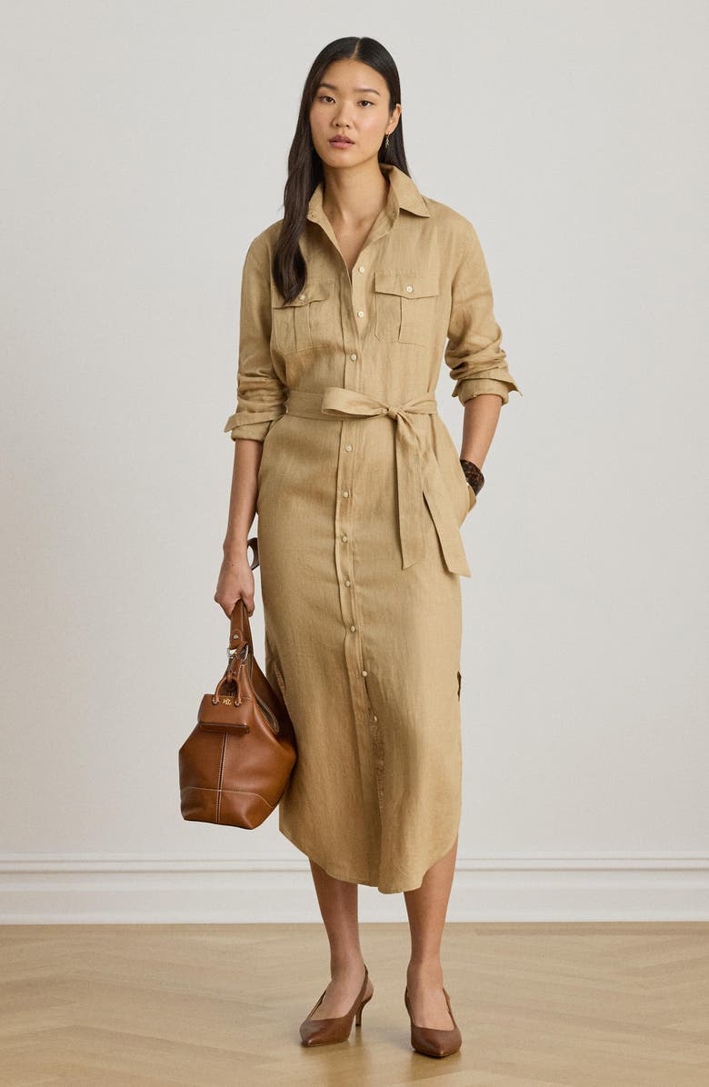 Lauren Ralph Lauren Long Sleeve Linen Shirtdress, Alternate, color, Birch Beige