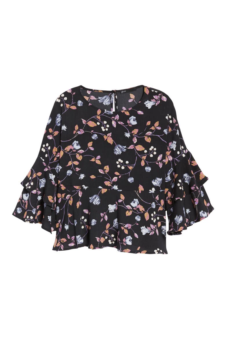 Gibson Tiered Ruffle Sleeve Peplum Blouse, Alternate, color, BLACK/ LAVENDER PRINT
