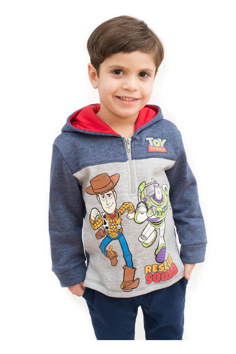 Toy Story Fleece Quarter-Zip Hooded Sweatshirt, Alternate, color, Navy Grey Woody Buzz