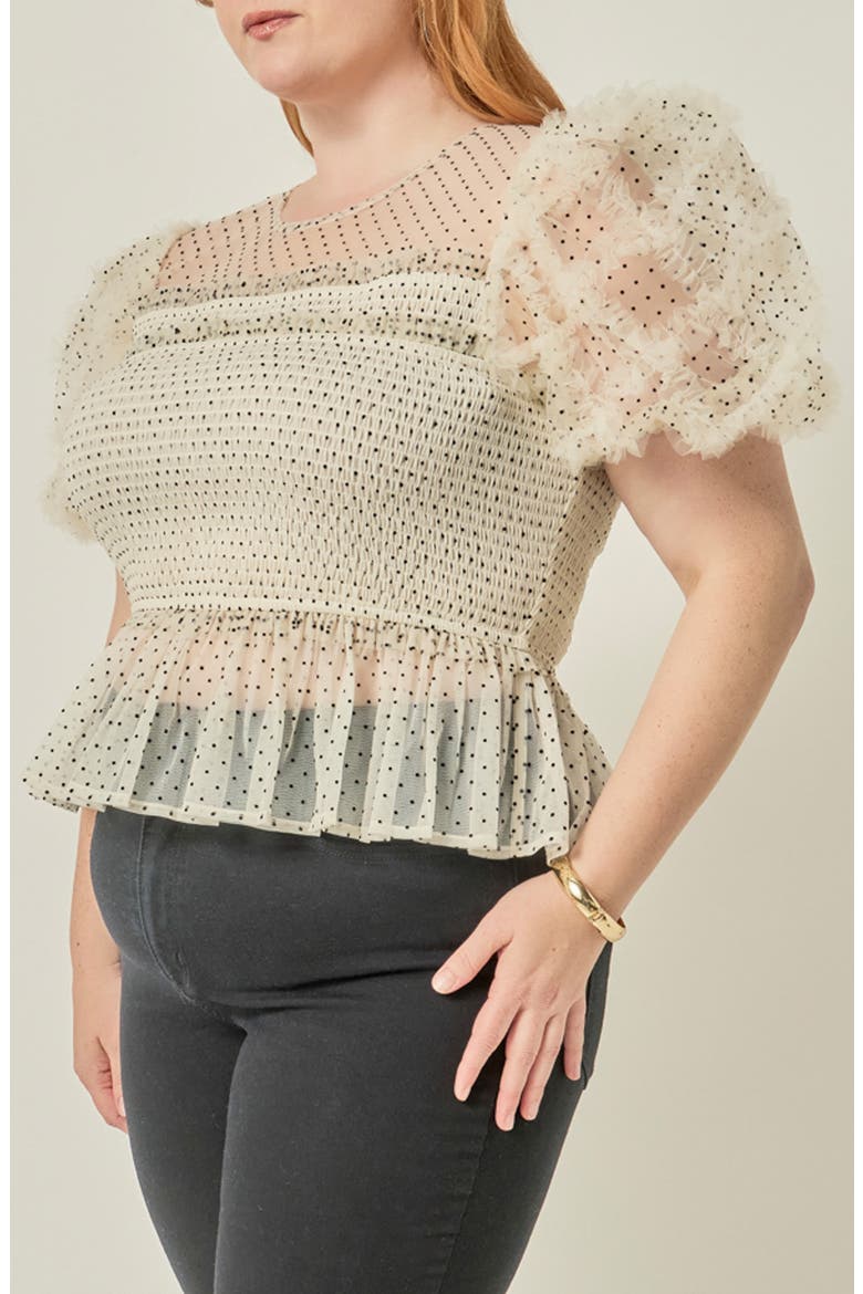 Polka Dot Smocked Puff Sleeve Top, Alternate, color, WHITE/ BLACK