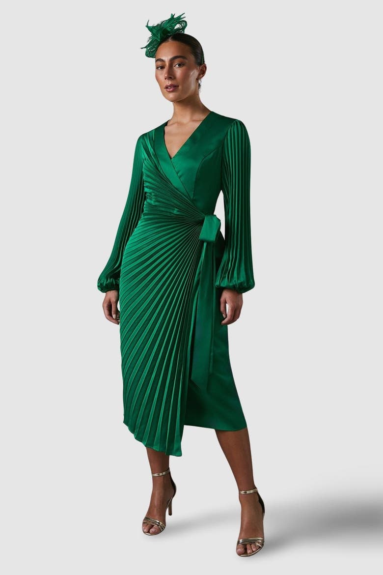 Satin Pleated Wrap Dress, Main, color, Green