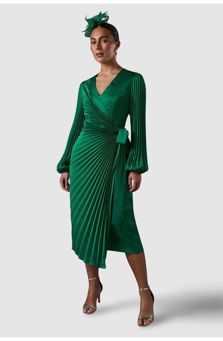 Coast Satin Pleated Wrap Dress, Main, color, Green