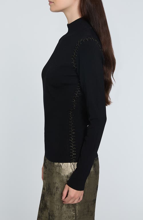 Elie Tahari The Nina Metallic Whipstitch Detail Turtleneck Sweater In Noir