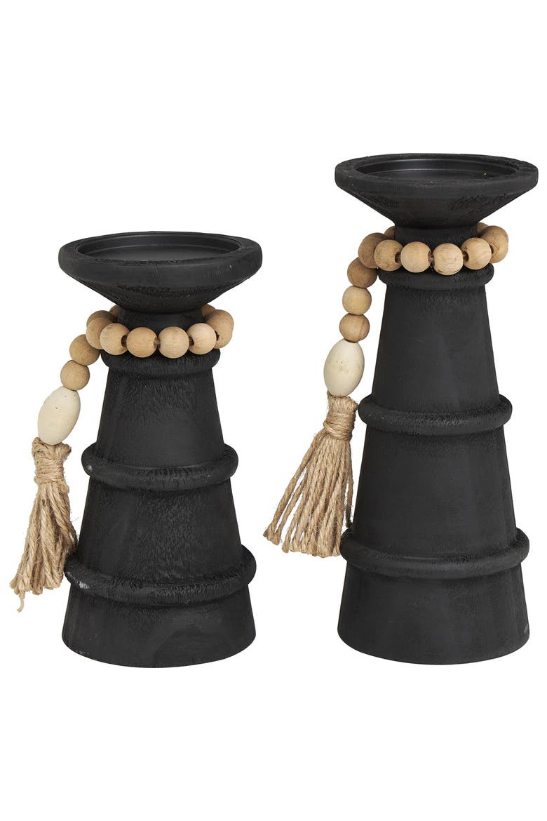 Set of 2 Wood Pillar Candle Holders, Main, color, BLACK