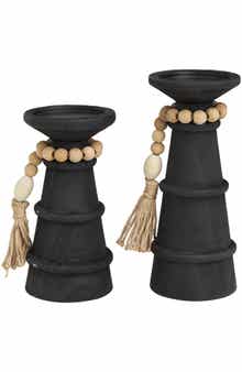 WILLOW ROW Set of 2 Wood Pillar Candle Holders