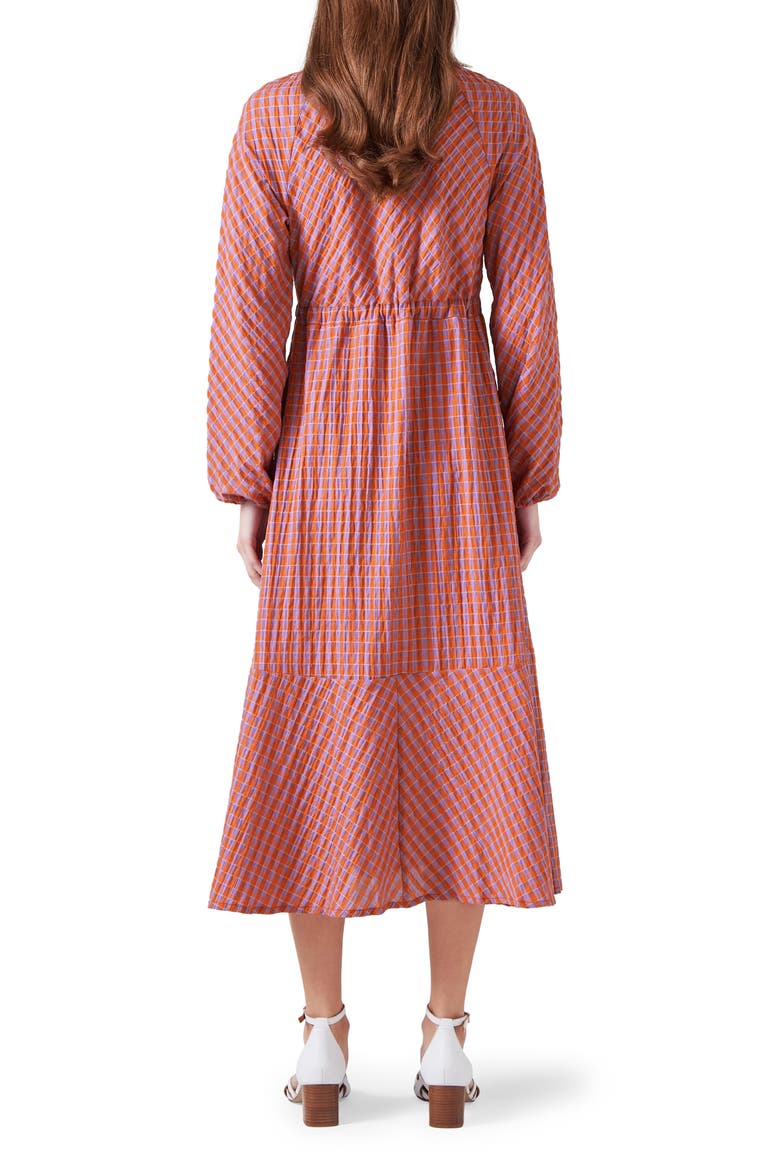 Sophie Check Tie Waist Long Sleeve Midi Dress, Alternate, color, ORANGE