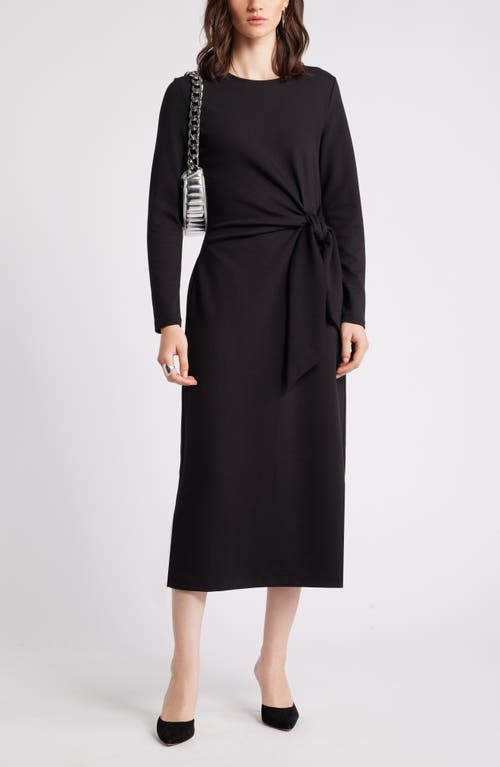 Nordstrom Tie Waist Long Sleeve Knit Midi Dress in Black