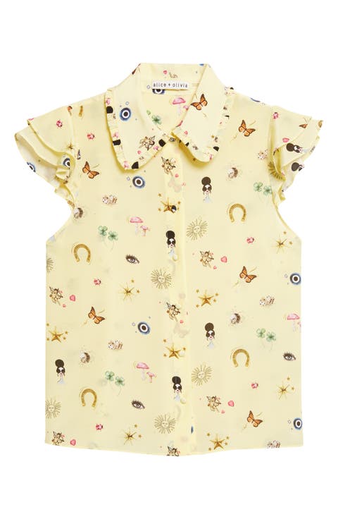 Martel Ruffle Flutter Sleeve Silk Button-Up Shirt