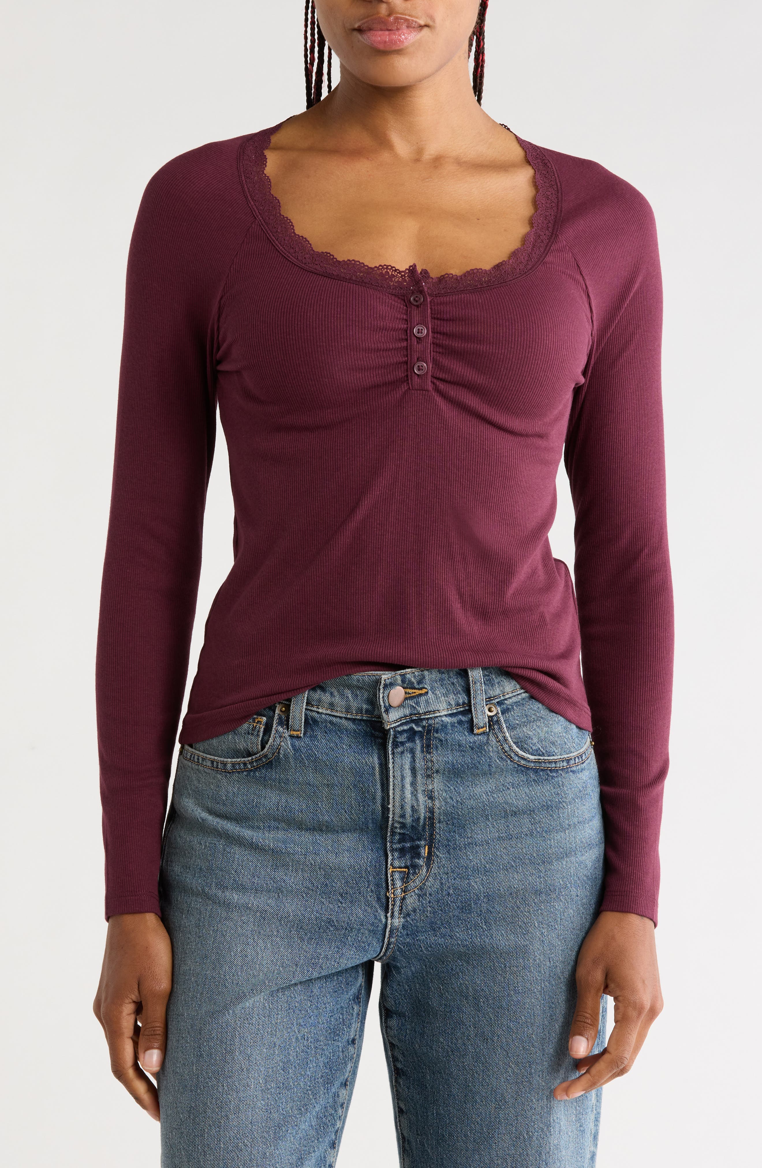 Scoop Neck Lace Trim Henley