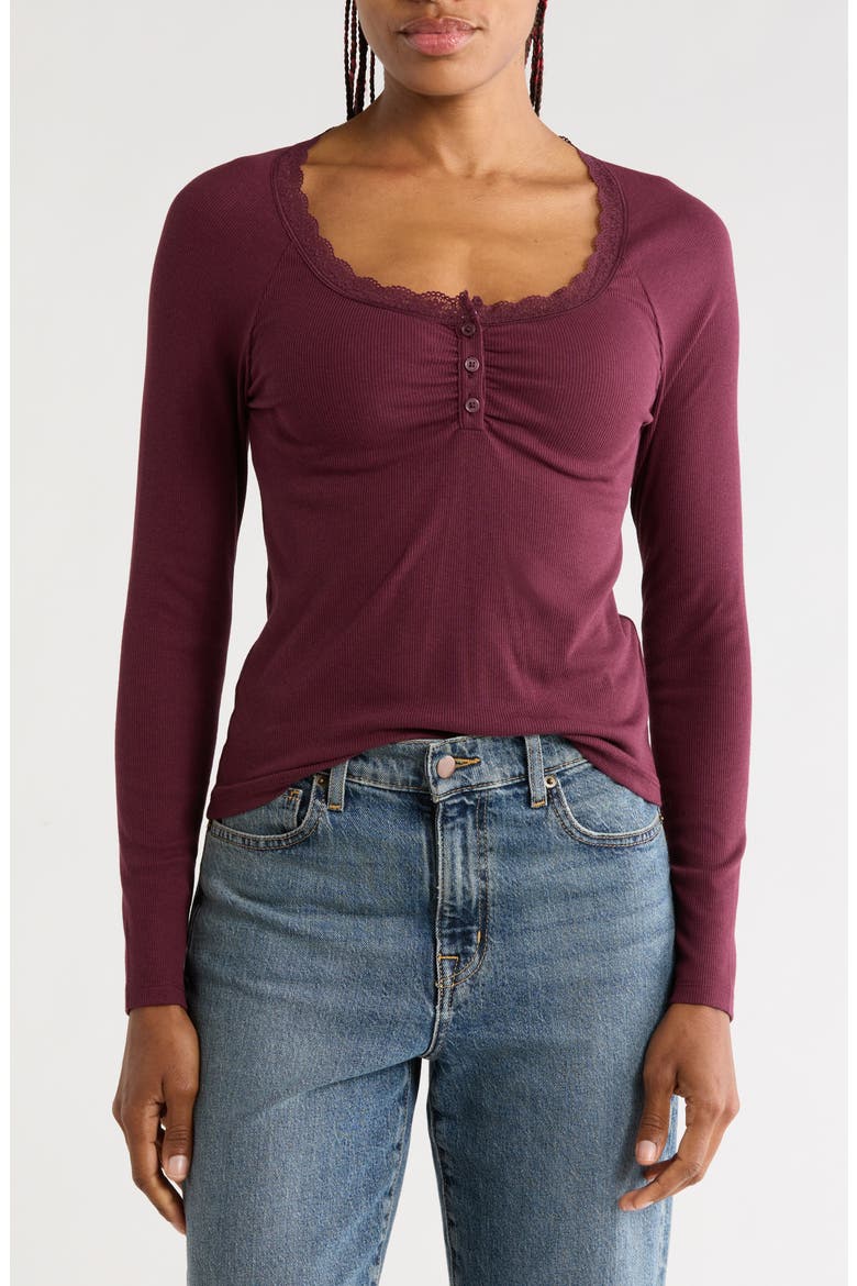 Scoop Neck Lace Trim Henley, Main, color, BURGUNDY STEM