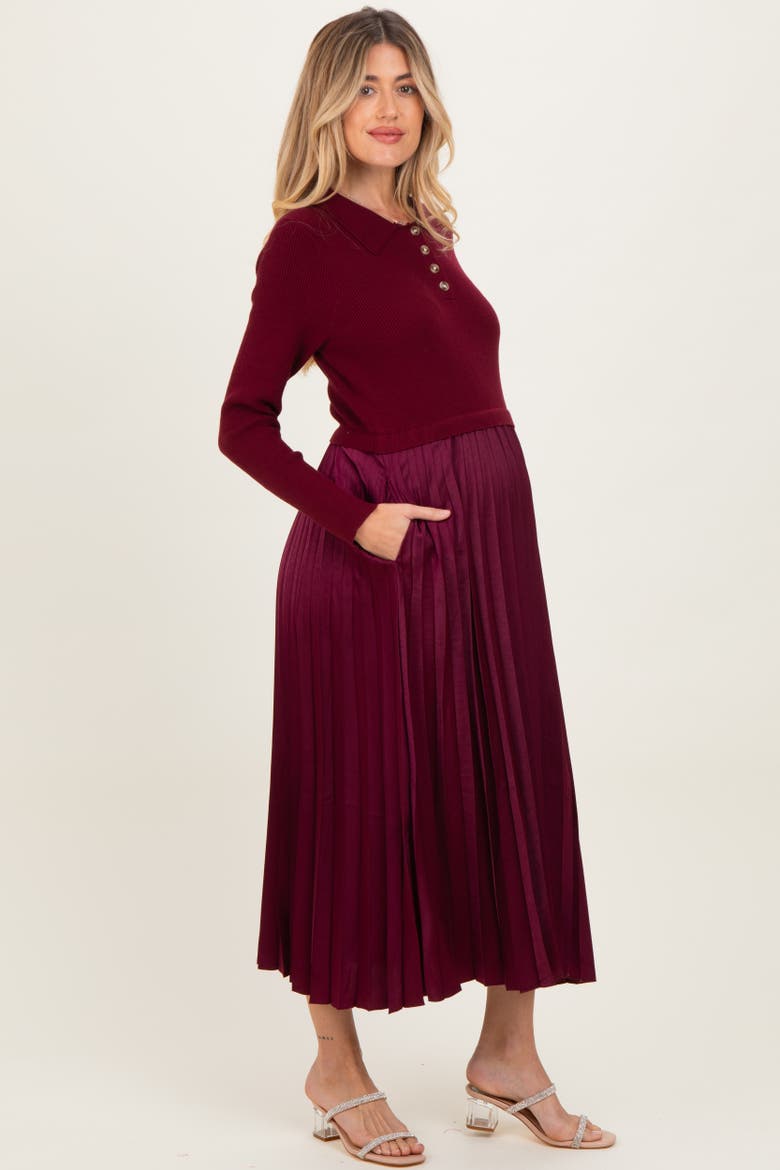 Collared Knit Contrast Pleated Skirt Midi Dress, Alternate, color, Burgundy