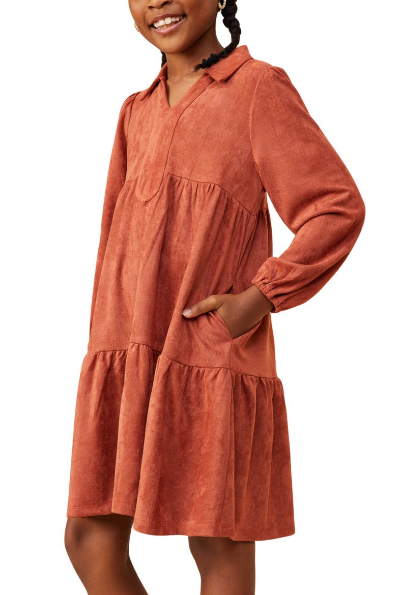 Kids' Vegan Faux Suede Tiered Swing Dress, Alternate, color, RUST