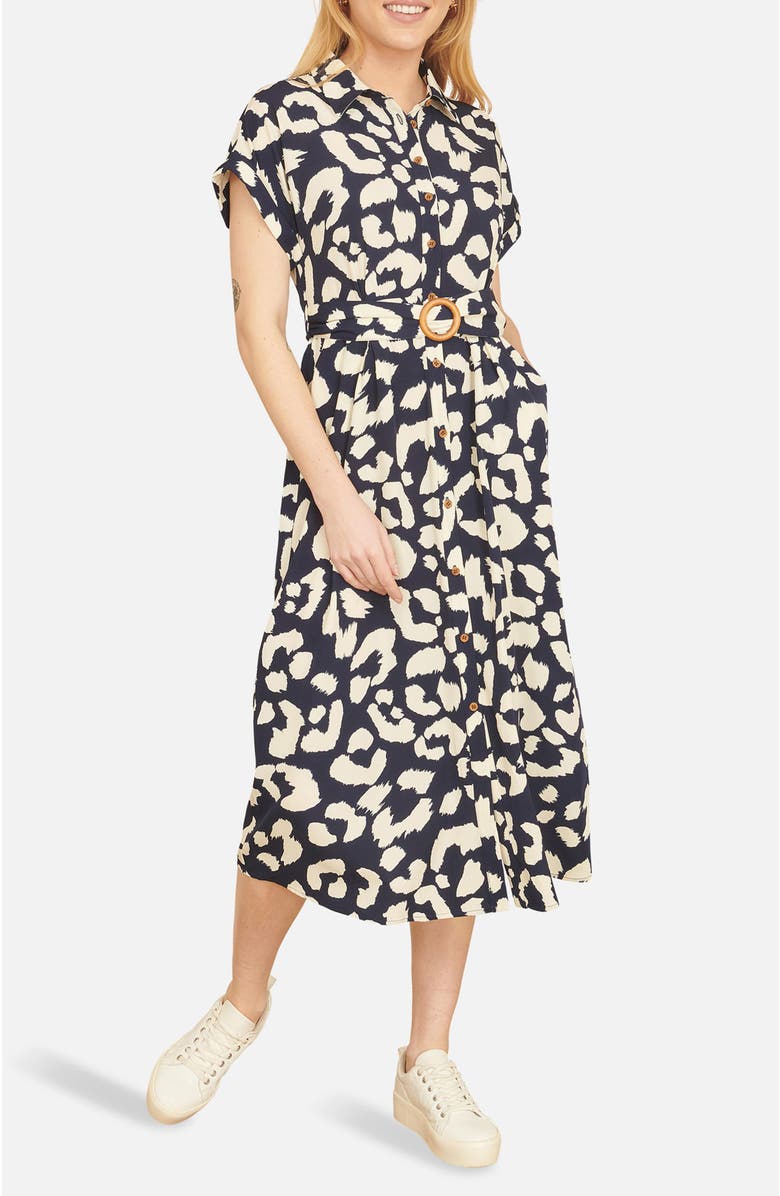 Yumi Abstract Animal Print Relaxed Midi Dress, Alternate, color, Navy