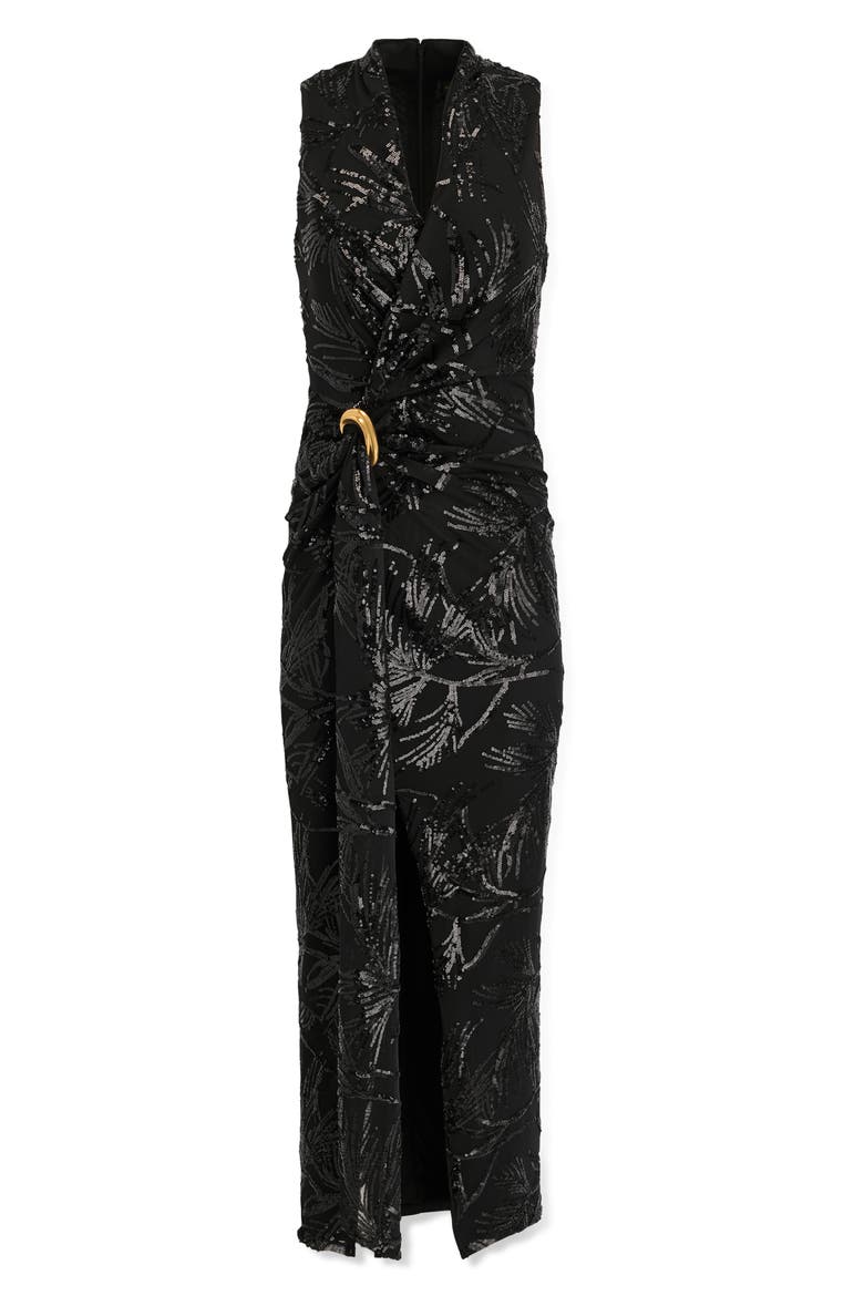 Sequin Floral Faux Wrap Gown, Alternate, color, BLK/ BLACK