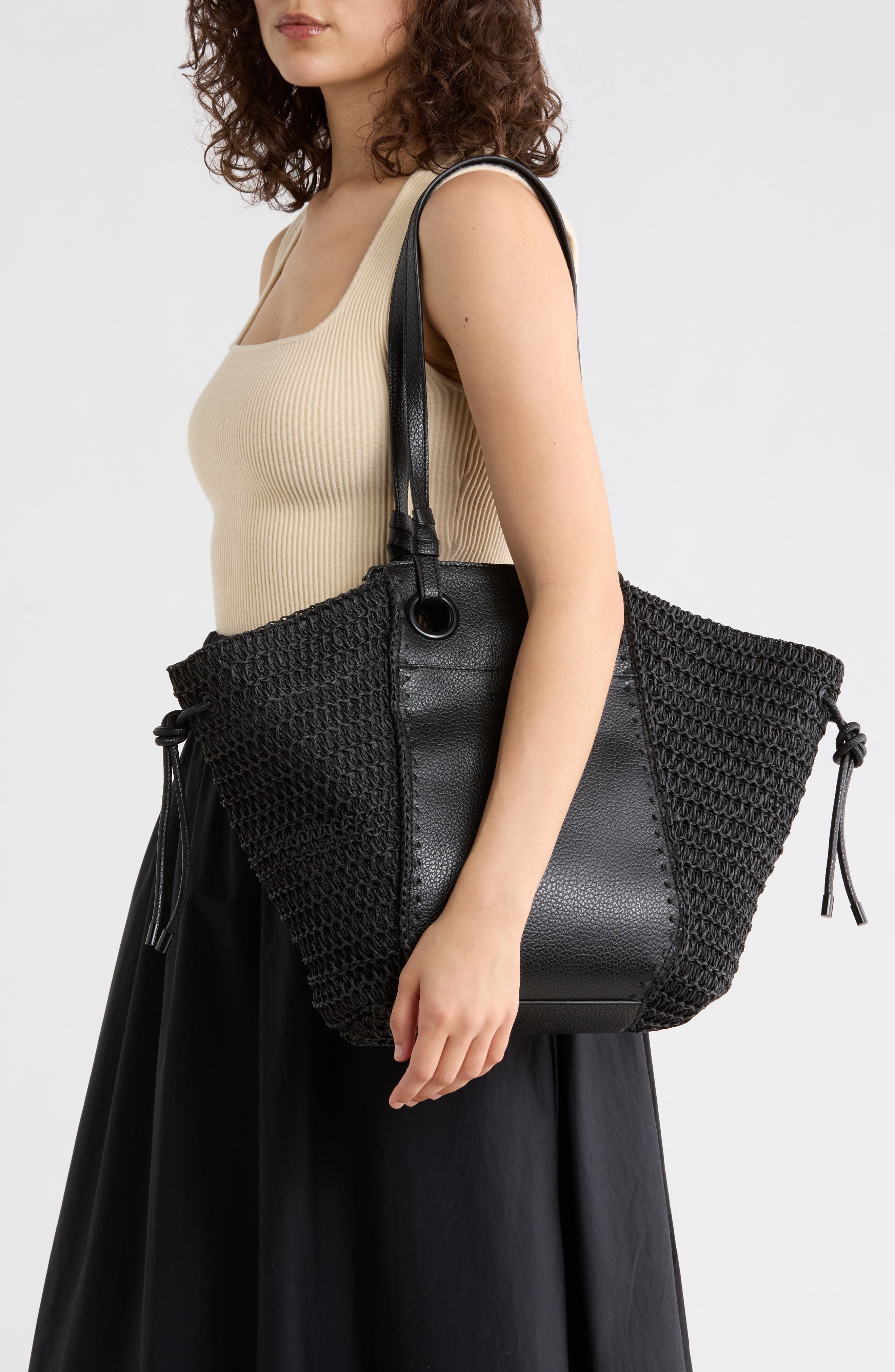 Steve Madden Bidris Mix Media Tote Bag, Alternate, color, Black