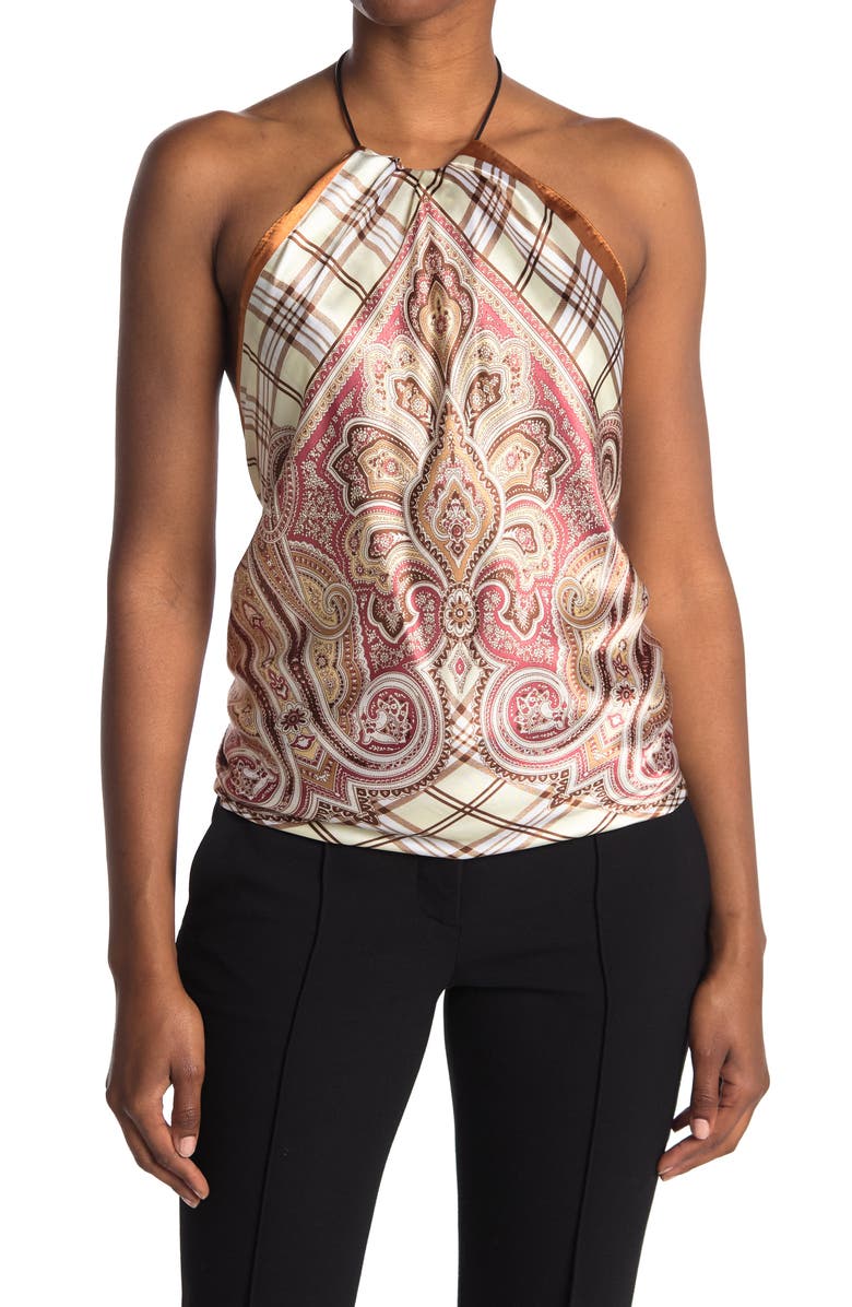 La Fiorentina Paisley Plaid Convertible Scarf & Halter Top, Main, color, Light Brown