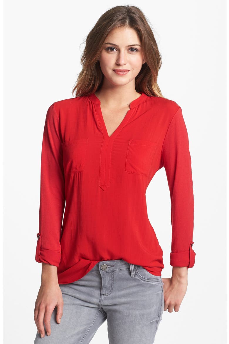 Split Neck Mixed Media Top, Main, color, RADIANT RED