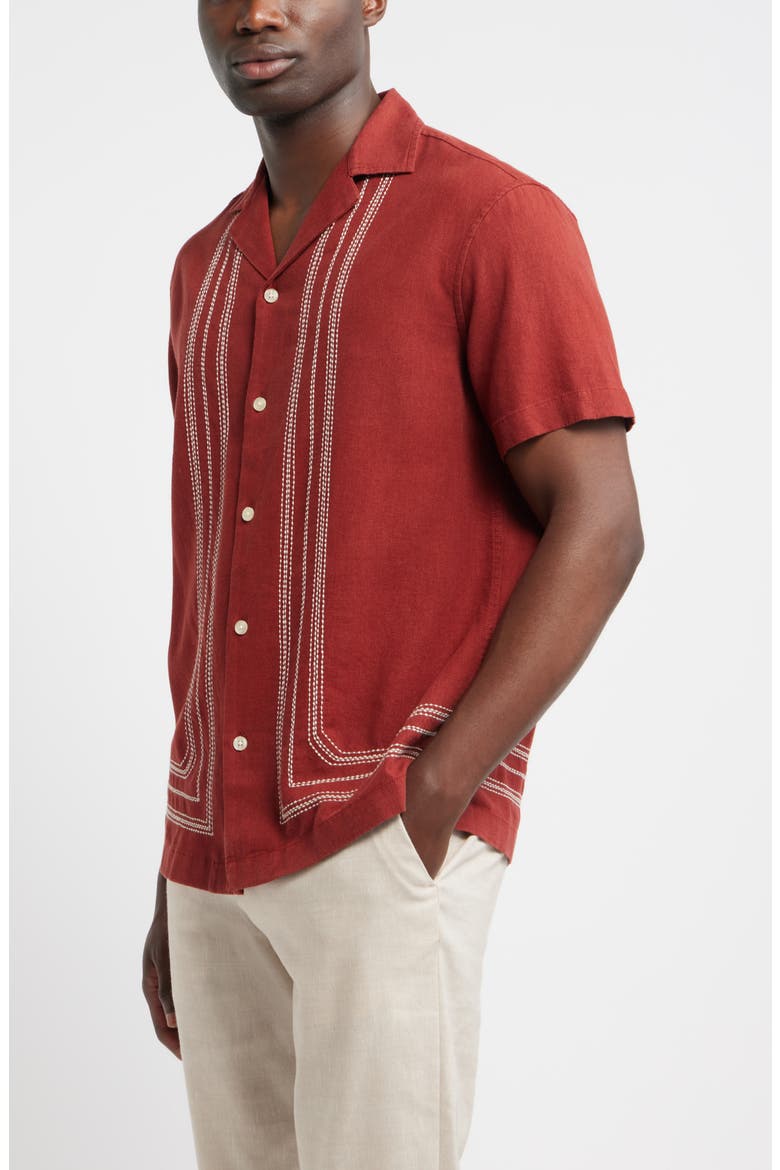 Frame Embroidered Short Sleeve Linen Blend Button-Up Shirt, Alternate, color, RED BRICK FRAMED BORDER