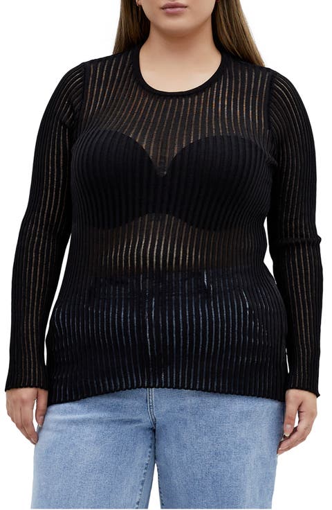 Eleni Sheer Stripe Long Sleeve Top (Plus)