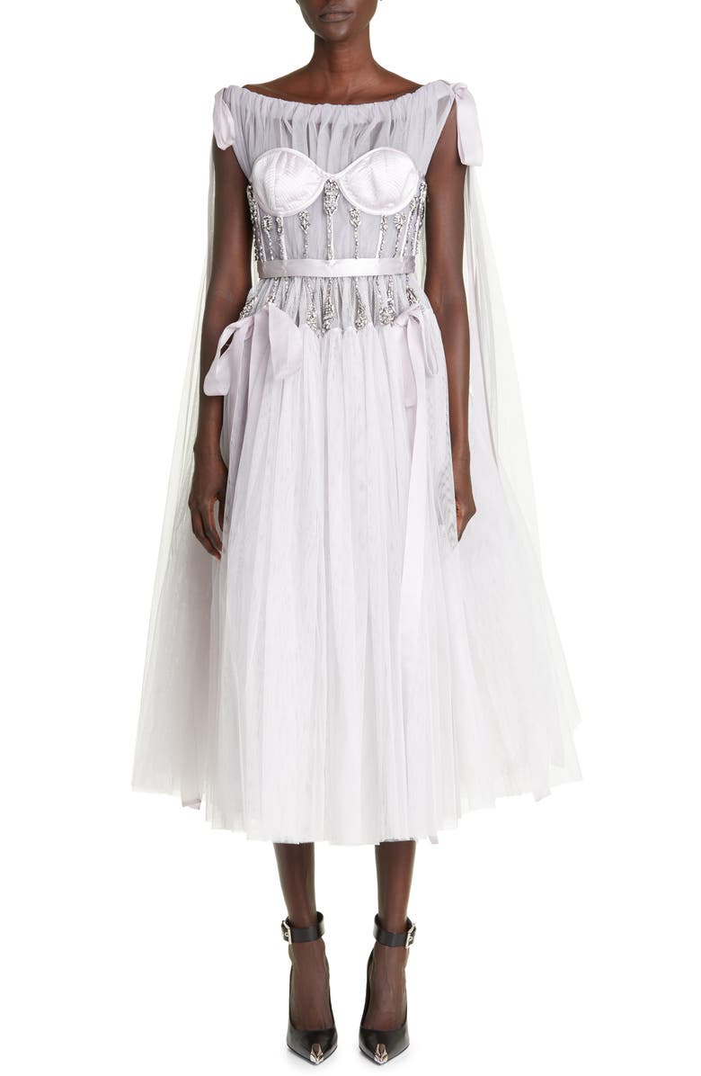 McQueen Crystal Embellished Off the Shoulder Mesh Dress, Main, color, 