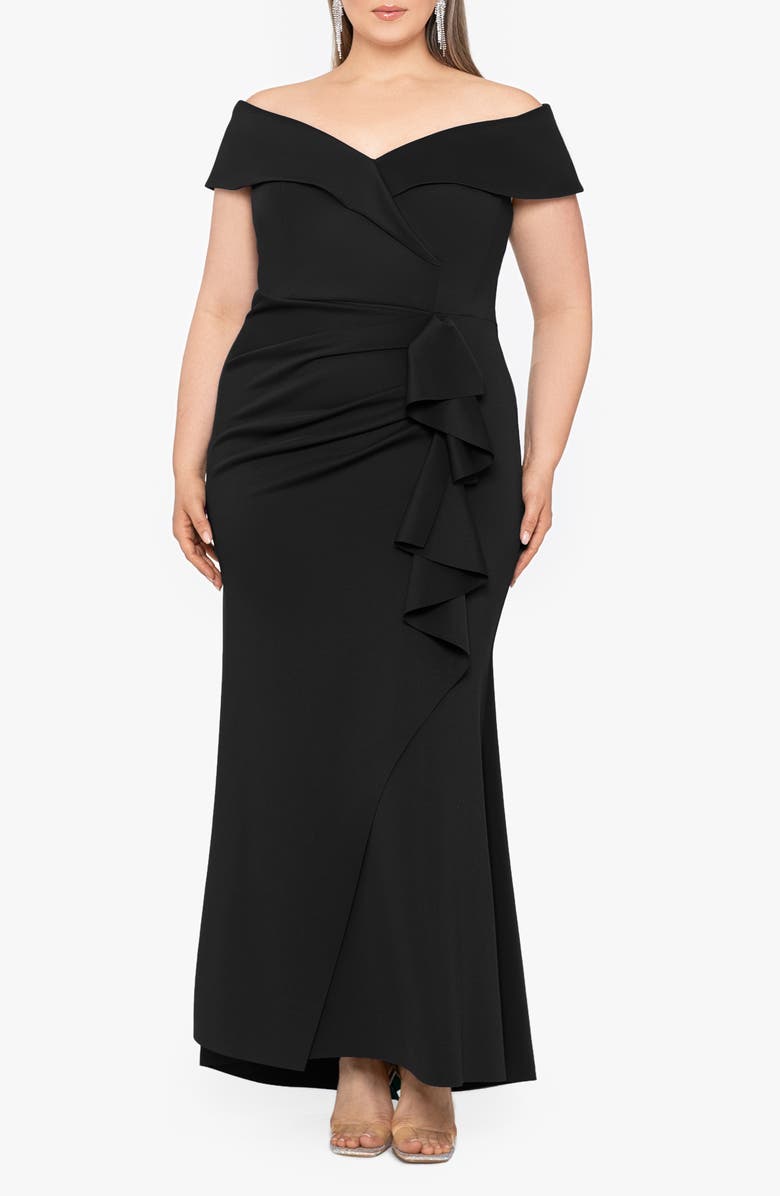 Xscape Evenings Off the Shoulder Ruffle Scuba Knit Gown, Main, color, Black