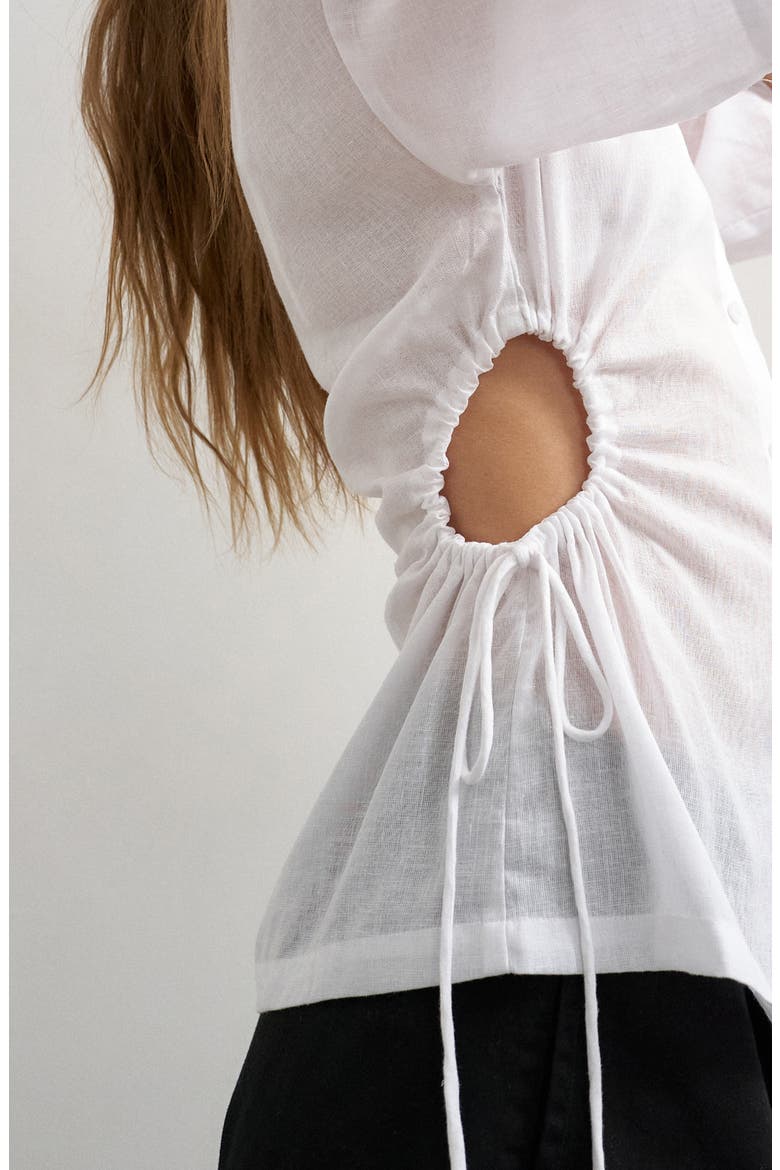 Drawstring Cutout Button-Up Top, Alternate, color, WHITE