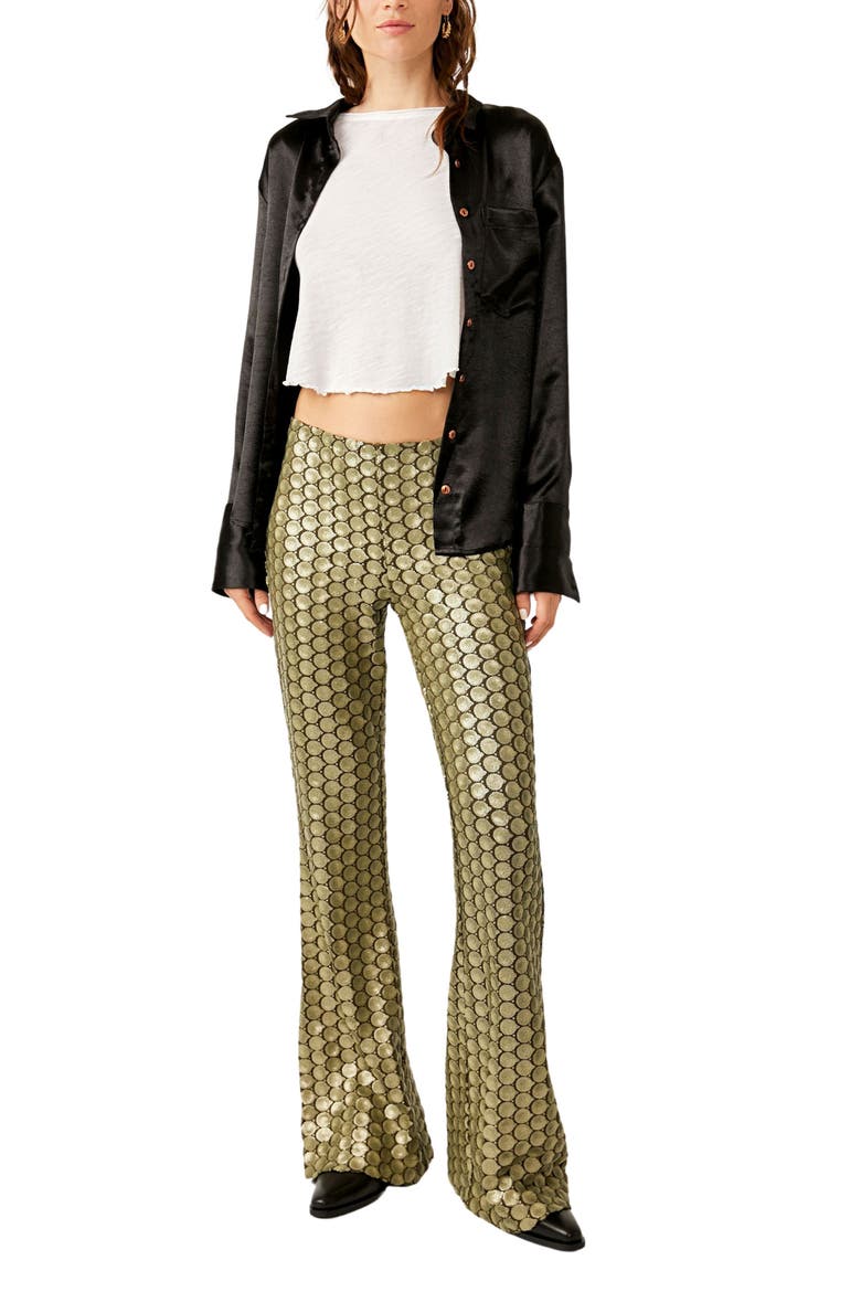 Wilder Days Sequin Flare Leg Pants, Alternate, color, ROCKER OLIVE