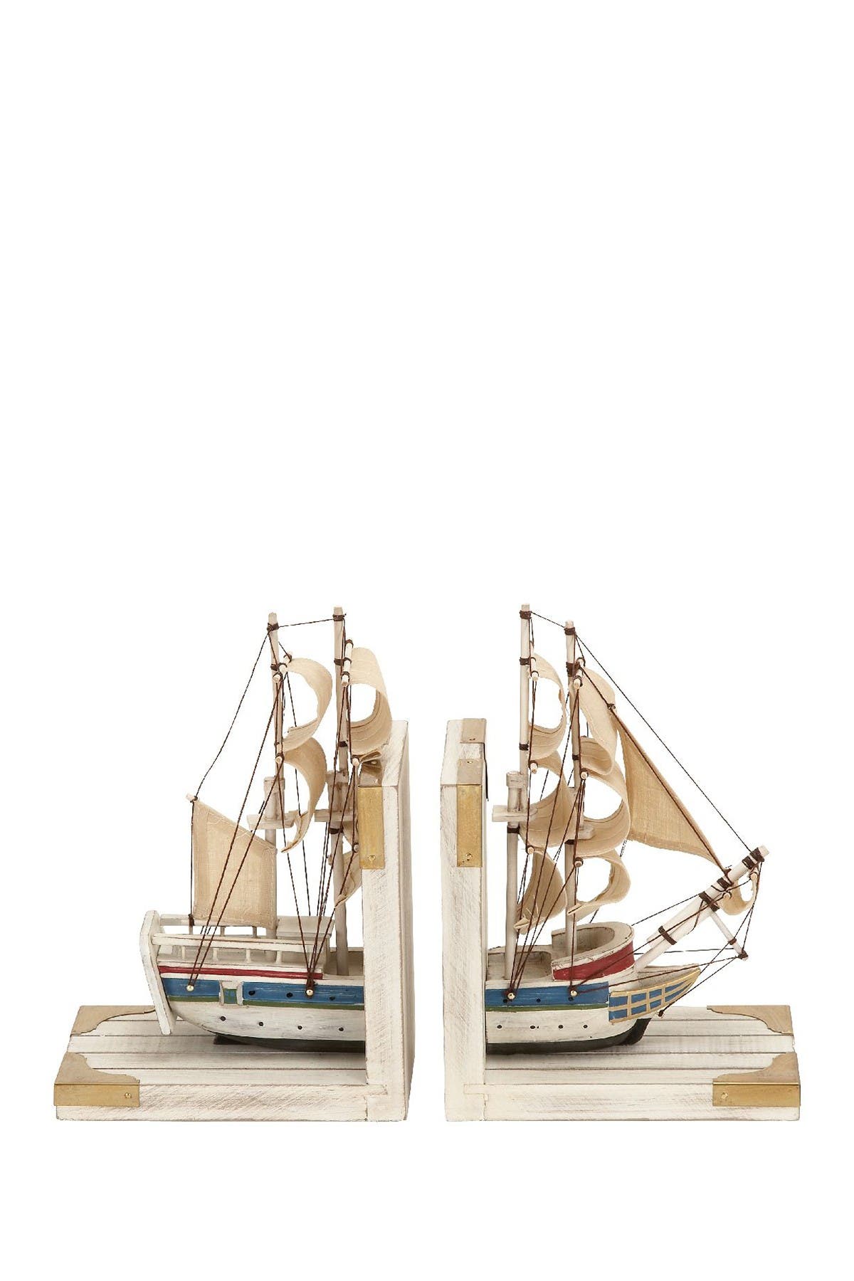 WILLOW ROW White Wood Sail Boat Bookends with Real Boat Rigging - Set of 2
