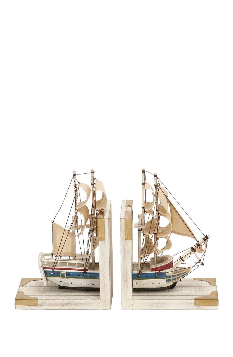 WILLOW ROW White Wood Sail Boat Bookends with Real Boat Rigging - Set of 2, Main, color, White