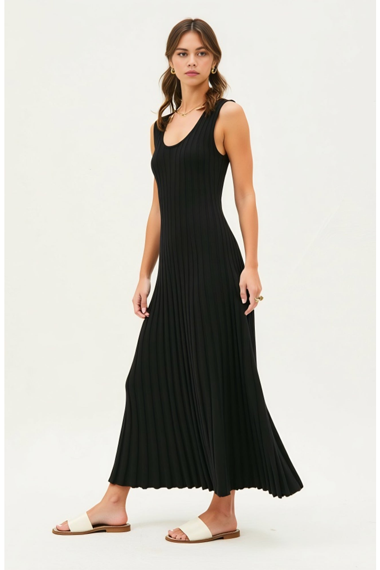 Sleeveless Ribbed Knit Scoop Neck Maxi Dress with Pleated Skirt, Alternate, color, Black