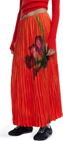 Floral Pleated Satin Maxi Skirt