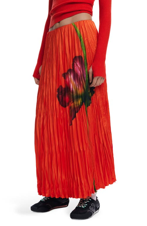 Desigual Floral Pleated Satin Maxi Skirt In Coral