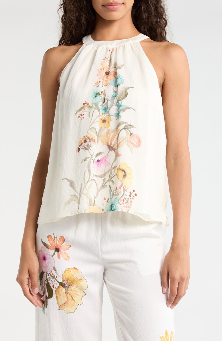 Vince Camuto Placed Floral High Neck Sleeveless Top, Main, color, Antique White