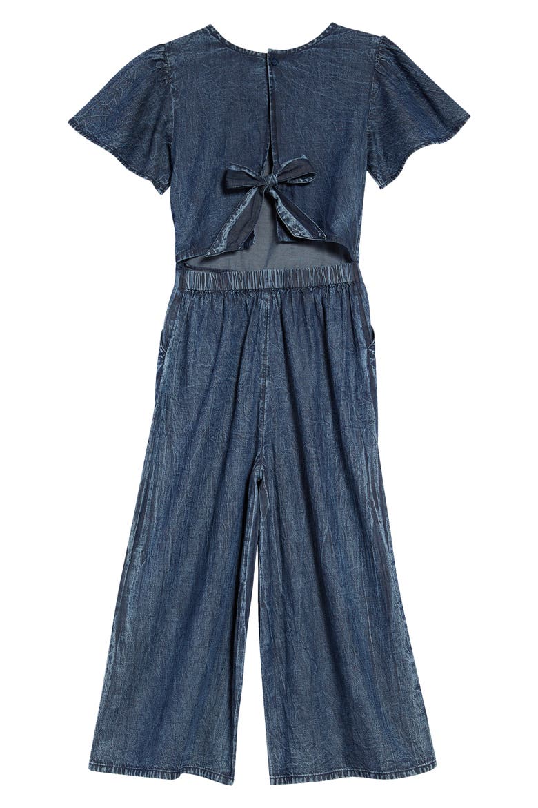 Kids' Look Back Flutter Sleeve Chambray Romper, Alternate, color, NAVY DENIM WASH