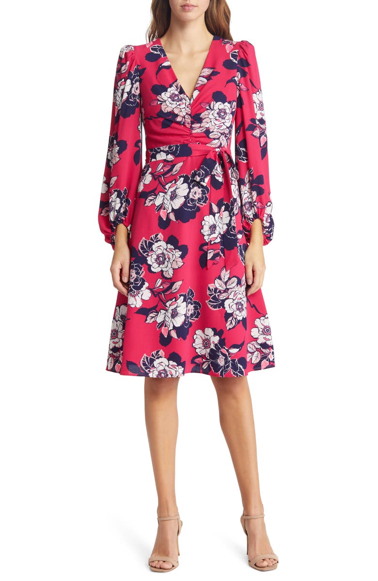 Eliza J Floral Ruched Bracelet Sleeve Dress, Main, color, 