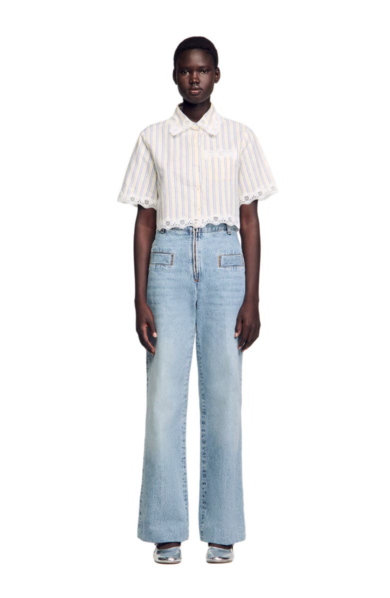 SANDRO Striped cropped shirt, Alternate, color, Ecru / Jean