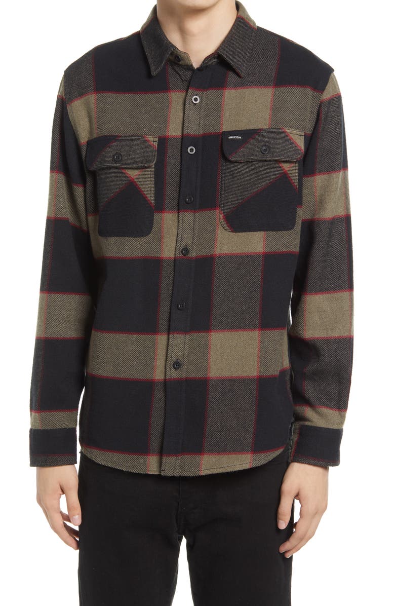 Brixton Bowery Slim Fit Plaid Flannel Button-Up Shirt, Alternate, color, Heather Grey/Charcoal
