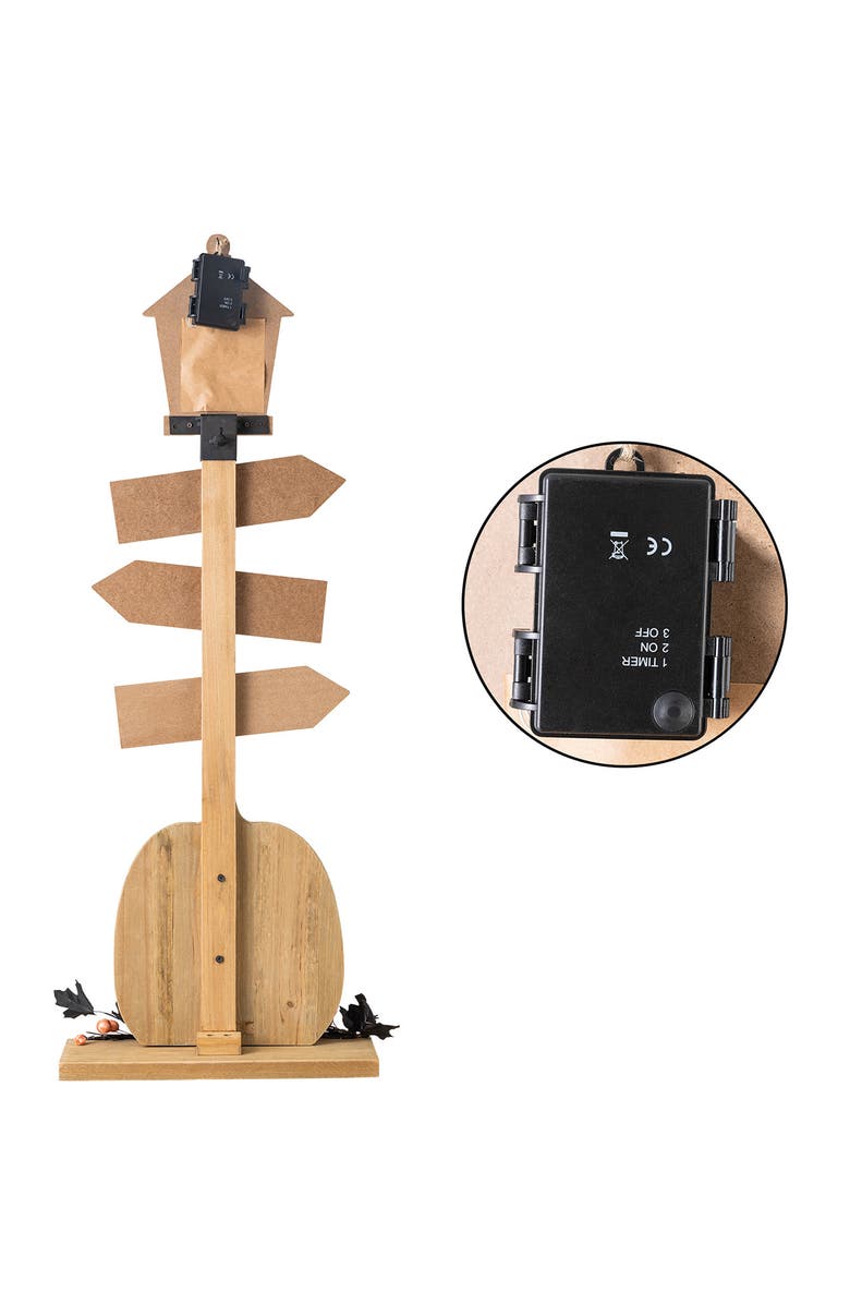 Glitzhom Halloween Lighted Wooden Jack-O-Lantern Lamp Post Porch Decor with Timer, Alternate, color, Black