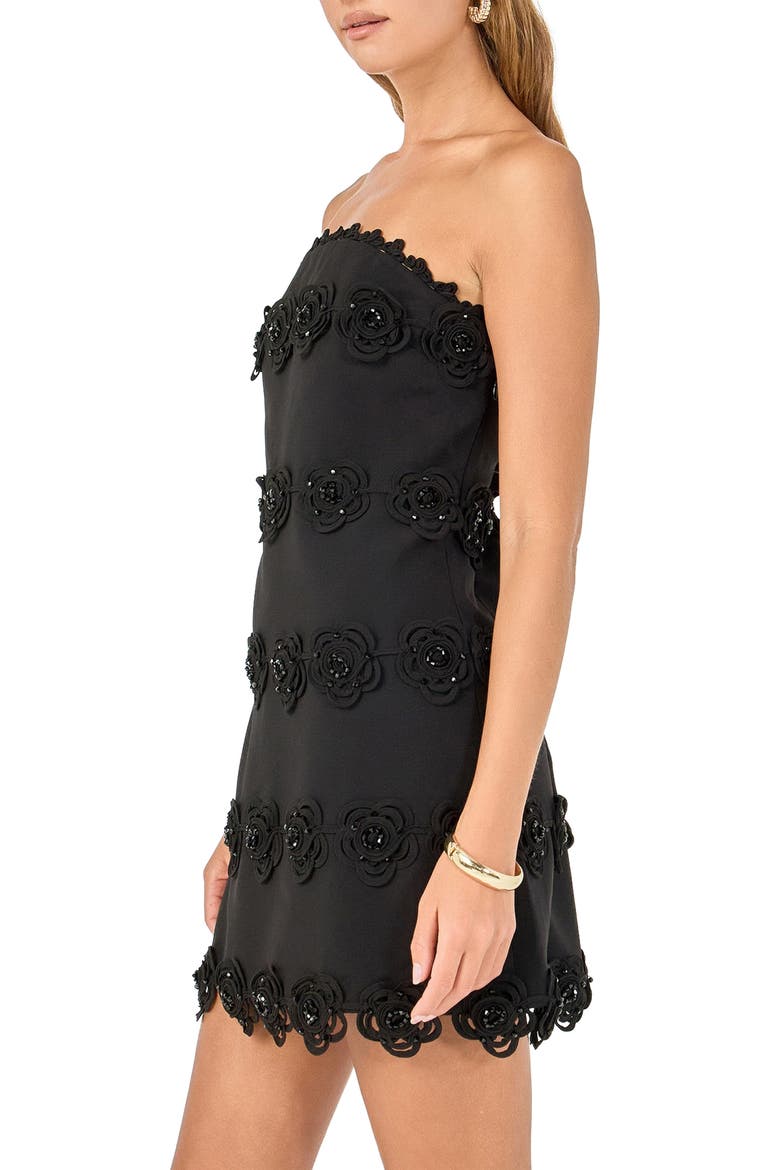 Floral Appliqué Sequin Strapless Minidress, Alternate, color, BLACK